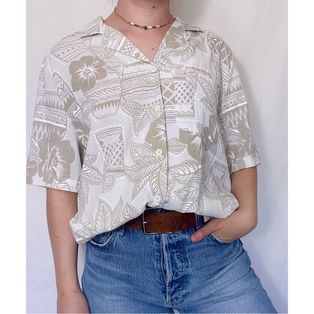 5/$25🌱 Alfred Dunner | Vtg 90s White Textured Hawaiian Aloha Shirt Button Down